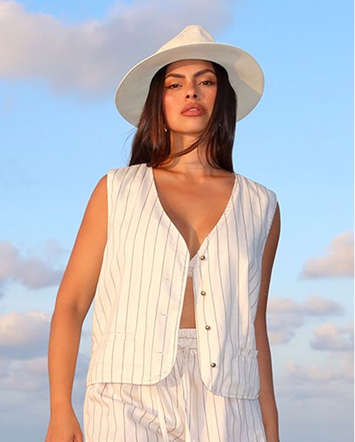 Colete Linho Feminino Alfaiataria Listrado 24407 Listrado Off White