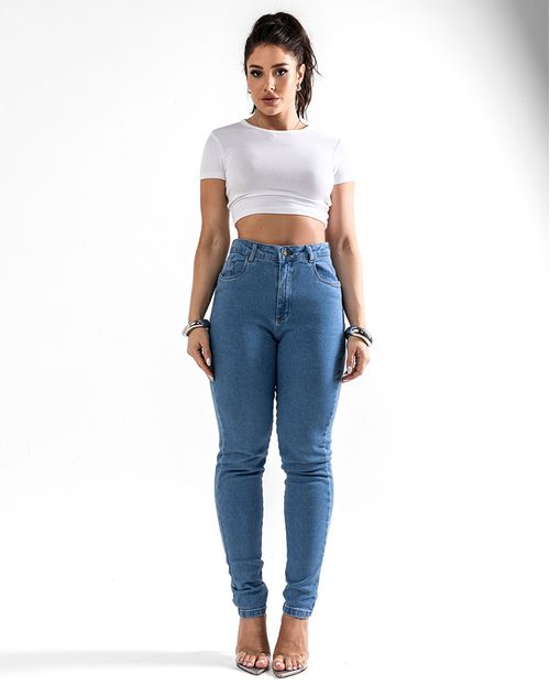 Calça Jeans Mom Feminina Cintura Alta Básica com Elastano 00201 Média