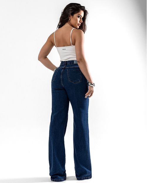 Calça Jeans Wide Leg Feminina Cintura Alta Básica com Elastano 28000 Escura