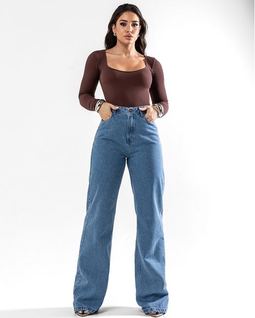 Calça Jeans Wide Leg Feminina Cintura Alta Básica Algodão 29000 Média