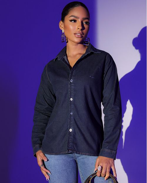 Camisa Jeans Feminina com Bordado 24229 Escura