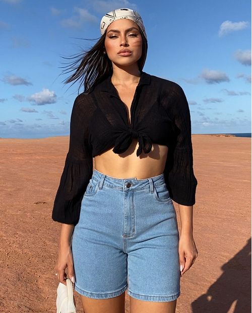 Bermuda Jeans Feminina Mom Básica Cintura Alta 80201 Média