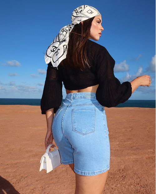 Bermuda Jeans Feminina Mom Básica Cintura Alta 80201 Média