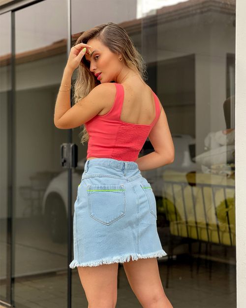 Mini-Saia Jeans Feminia Clara com Detalhes em Neon Verde   21654 Clara