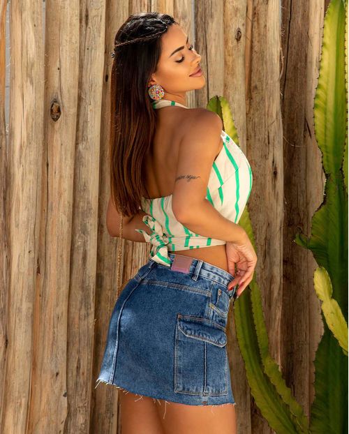 Mini Saia Jeans Cargo com Recorte Frontal 22483 Escura