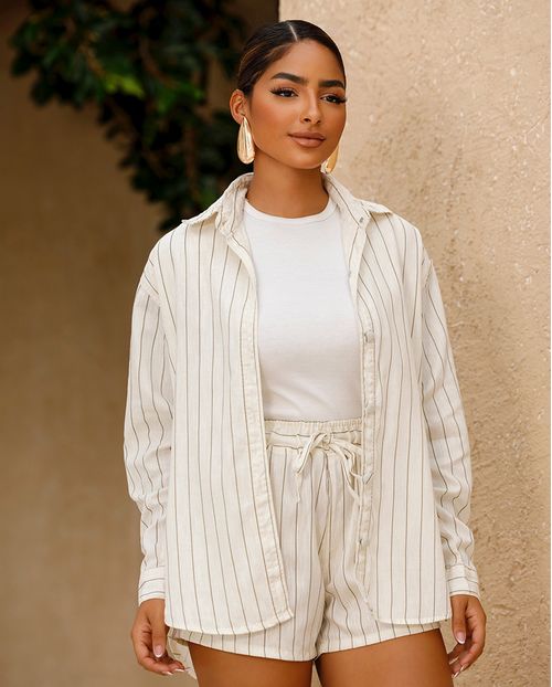 Camisa Linho Feminina Oversize Listrada 24491 Listrado Off White