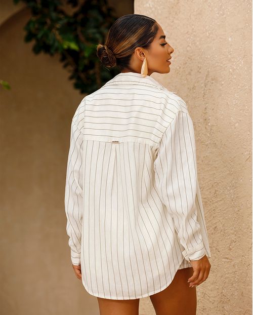Camisa Linho Feminina Oversize Listrada 24491 Listrado Off White