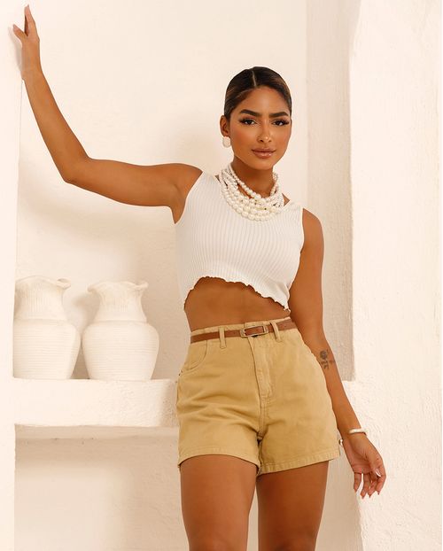 Shorts Jeans Mom Feminino Cintura Alta com Cinto 24235 Caqui