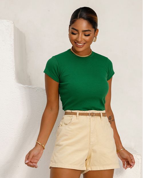 Shorts Jeans Mom Feminino Cintura Alta com Cinto 24235 Creme