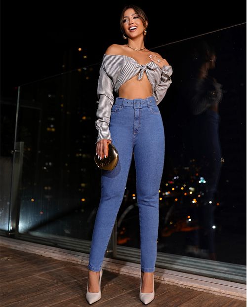 Calça Jeans Mom Feminina com Elastano e Cinto Revestido 00217 Média