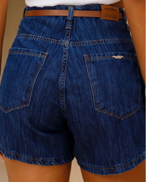 Shorts Jeans Mom Feminino com Cinto Pu 24425 Escura