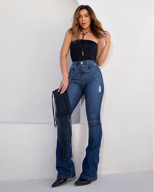 Calça Jeans Flare Feminina Cintura Média Bordado Desfiado Ana Castela 24333 Média
