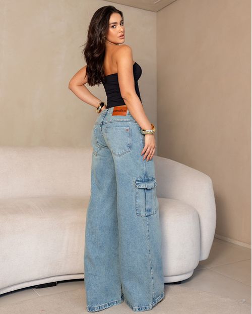 Calça Jeans Wide Leg Feminina Cargo Relaxed Cintura Baixa 29214 Sujinha Clara