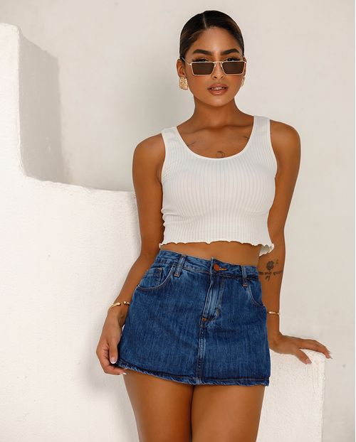 Shorts Saia Jeans Feminino Cintura Alta com Detalhe Na Costura 24328 Sky Escuro