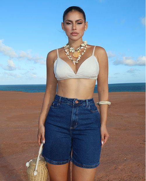 Bermuda Jeans Feminina Mom Básica Cintura Alta 80201 Escura