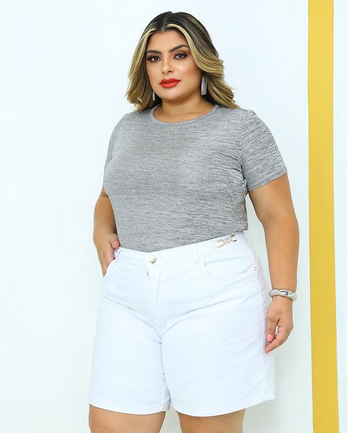 Shorts Jeans Feminino Meia Coxa Plus Size com Corrente Cintura Alta 24518 Branco