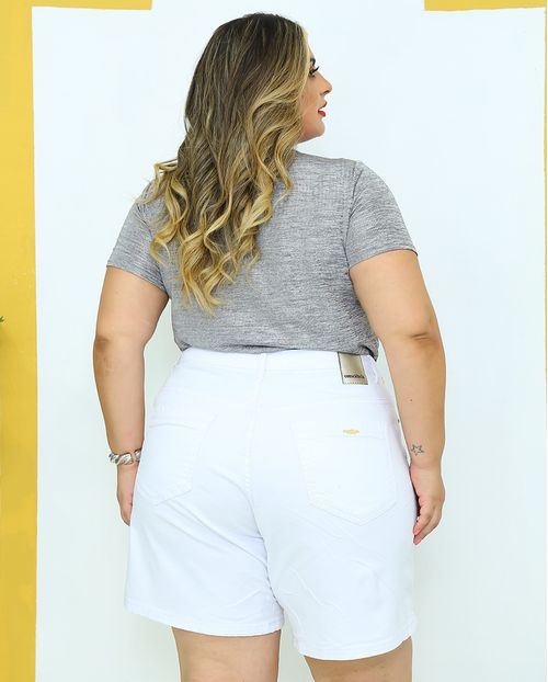 Shorts Jeans Feminino Meia Coxa Plus Size com Corrente Cintura Alta 24518 Branco