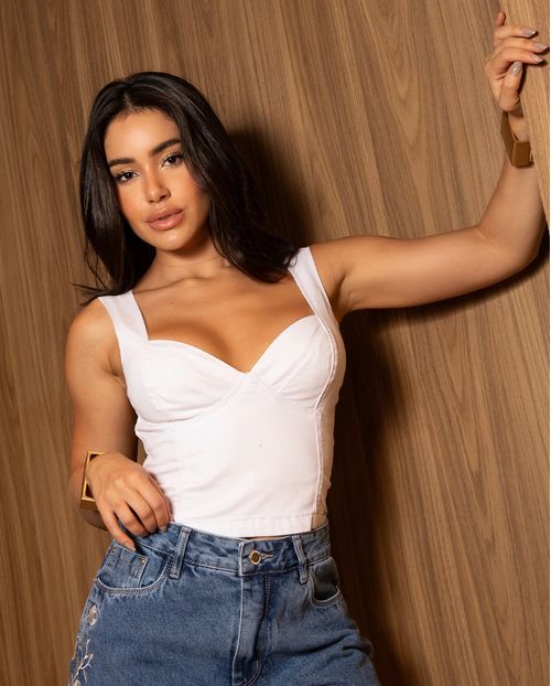 Top Jeans Feminino com Recorte e Lástex Nas Costas 24519 Branco