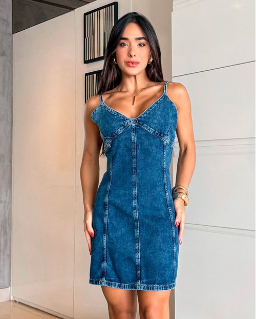 Vestido Jeans Feminino de Alça com Zíper Na Lateral 24530 Escura