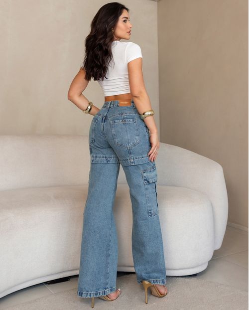 Calça Jeans Wide Leg Feminina Cargo Relaxed Cintura Baixa 24462 Sujinha