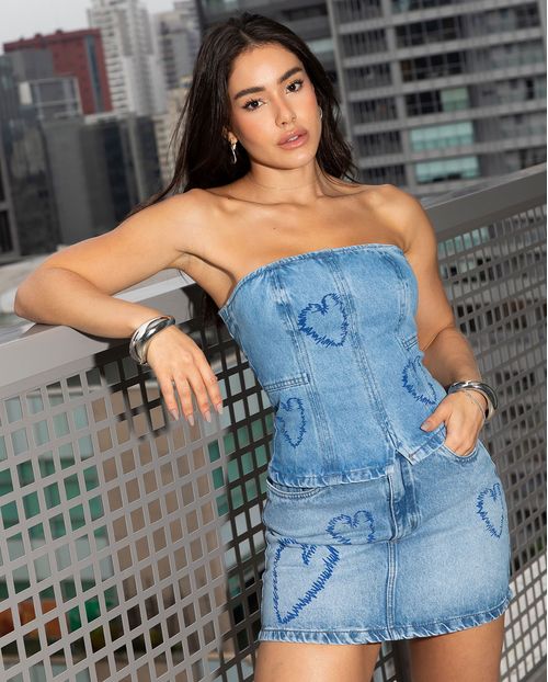 Mini Saia Jeans Feminina com Silk Coração 24440 Sky Médio
