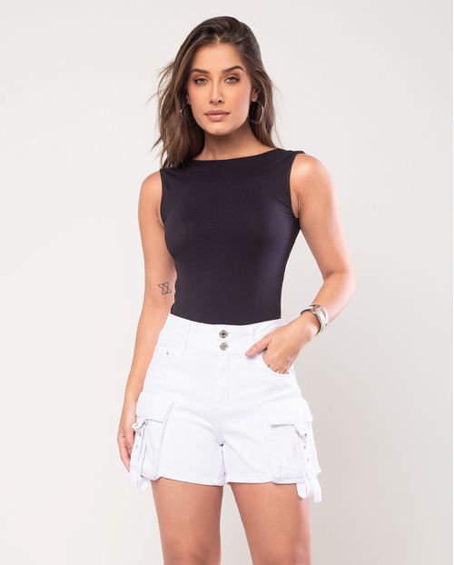 Shorts Sarja Mom Cargo Feminino Cintura Alta Bolsos Laterais 23441 Branco