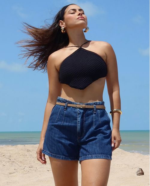Shorts Jeans Feminino Mom com Cinto Pu 24424 Sky Escuro