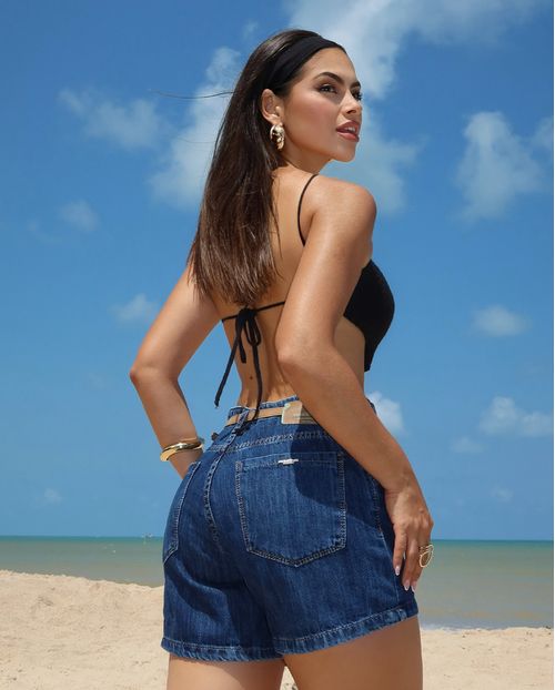 Shorts Jeans Feminino Mom com Cinto Pu 24424 Sky Escuro