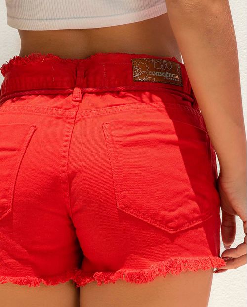 Shorts Feminino Boyfriend com Cós e Barra Desfiada e Cordão Entre Os Passante  22526 Vermelho