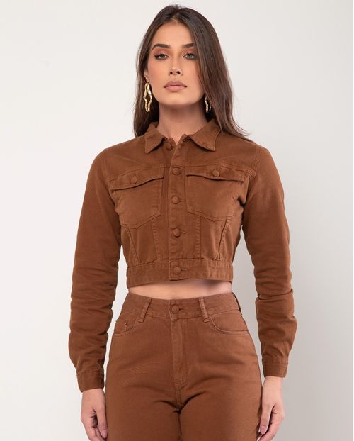 Jaqueta Sarja Cropped Feminina Básica 23786 Marrom