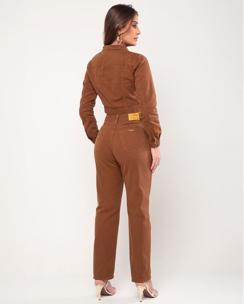 Calça Sarja Reta Feminina Cintura Alta Básica Algodão 24195     Marrom