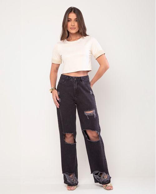 Calça Wide Leg Preta C/rasgos 2900p Preto