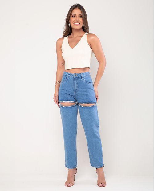 Calça Jeans Mom Feminina Cintura Alta Cut Out com Aplicação 23126 Média