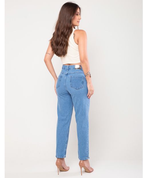 Calça Jeans Mom Feminina Cintura Alta Cut Out com Aplicação 23126 Média