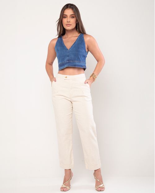 Calça Linho Straight Alfaitaria Feminina Cintura Média Detalhe Cós 24432 Linho