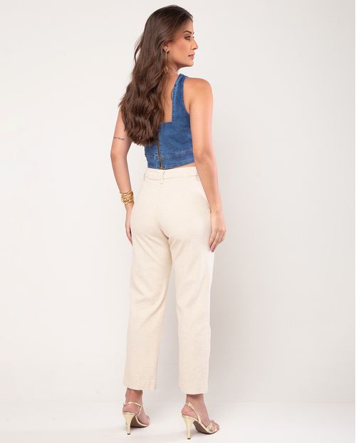 Calça Linho Straight Alfaitaria Feminina Cintura Média Detalhe Cós 24432 Linho
