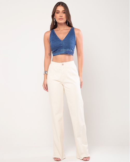 Calça Jeans Off Wide Leg Feminina Cintura Alta Barra Desfiada 23444 Off White