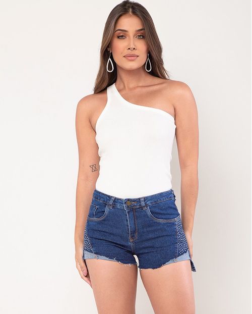 Shorts Feminino Boyfriend com Recorte e Aplicação de Strass 22498 Escura