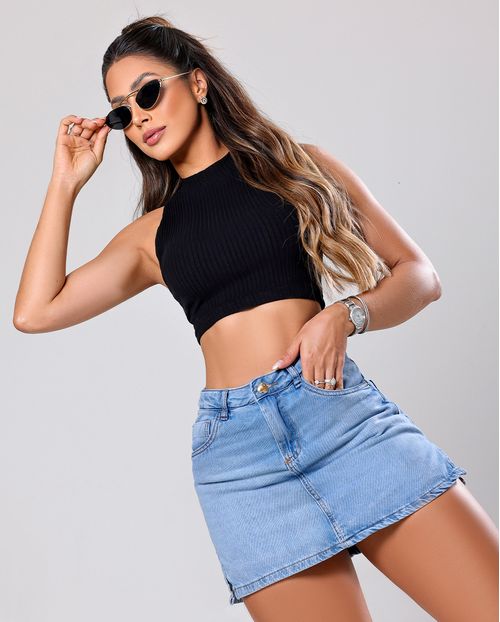 Shorts Saia Jeans Feminino com Abertura Lateral Cintura Média 24486 Sky Claro