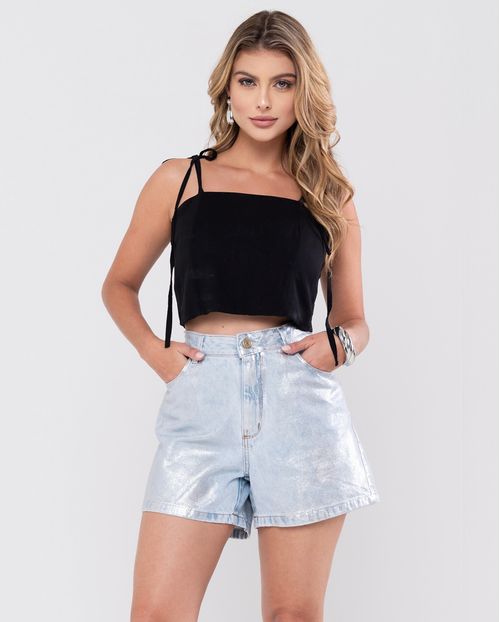 Shorts Jeans Mom Feminino Cintura Alta com Aplicação Foil Prata 24422 Fundo Médio com Foil Prata