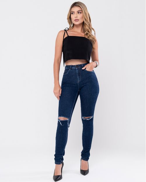 CALÇA JEANS FEMININA SKINNY INTERMEDIARIA COM RASGO NO JOELHO 21905 ESCURA