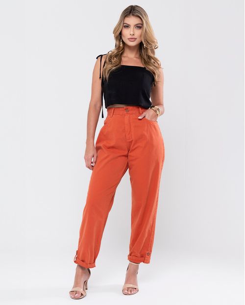 Calça Sarja Reta Cropped Feminina Cintura Alta Detalhe Barra 23903 Terracota