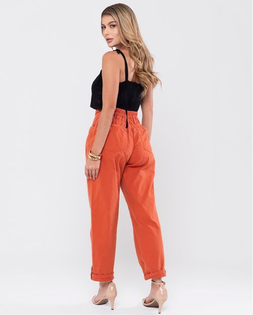 Calça Sarja Reta Cropped Feminina Cintura Alta Detalhe Barra 23903 Terracota