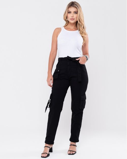 Calça Feminina  Mom Cargo com Cinto Amarração Entre Os Passantes  21416 Preto