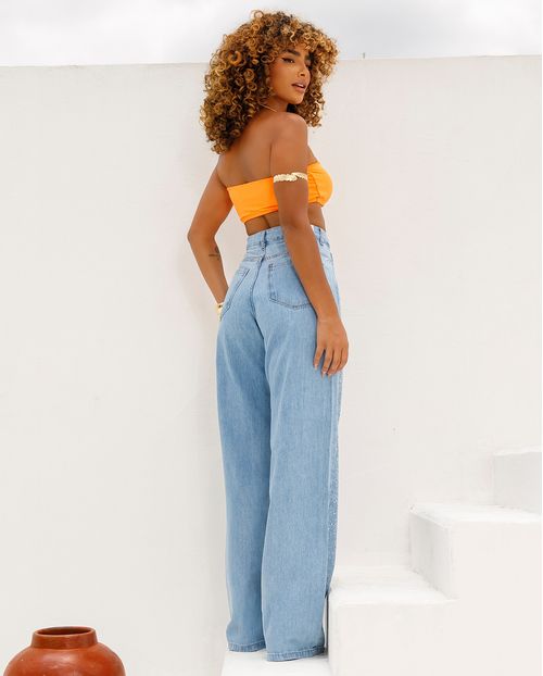 Calça Jeans Feminina Wide Leg com Aplicação 23990 Média