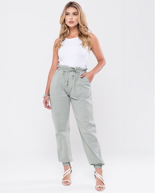 Calça Sarja Jogger Feminina Cintura Média Cargo 23824 Verde Oliva