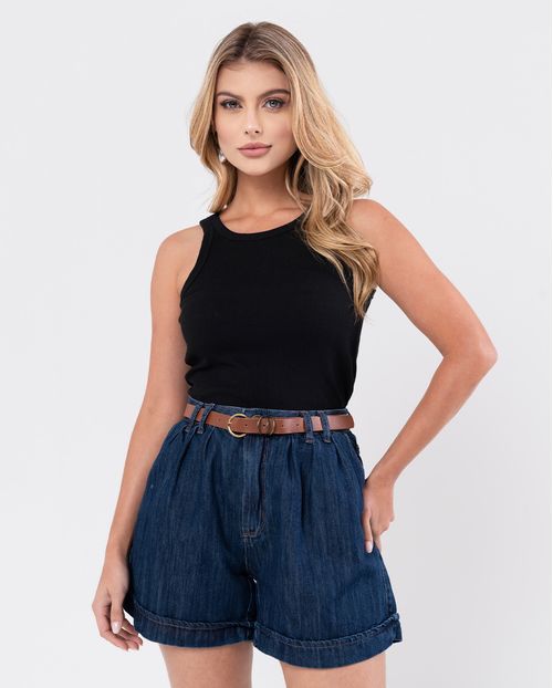 Shorts Jeans Mom Feminino Cintura Alta com Prega e Cinto 24237 Escura