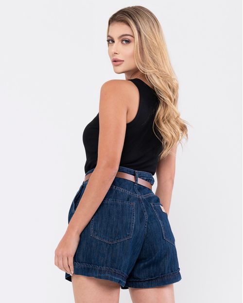 Shorts Jeans Mom Feminino Cintura Alta com Prega e Cinto 24237 Escura