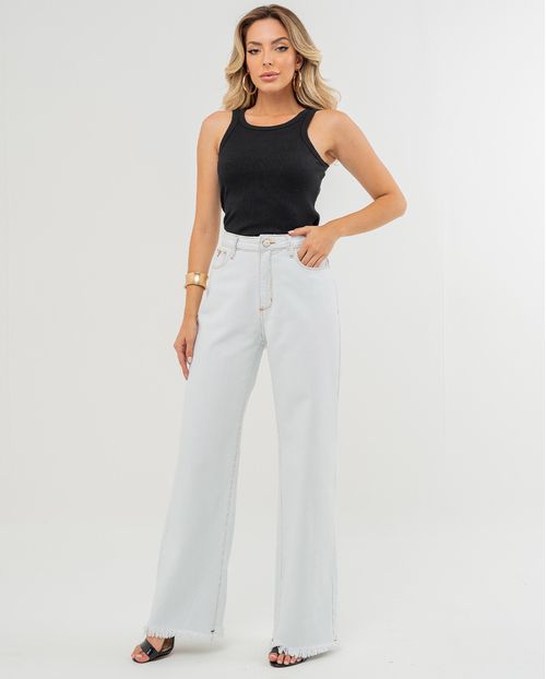 Calça Jeans Wide Leg Feminina Cintura Alta Barra Desfiada Linha Eco 21674 Ice