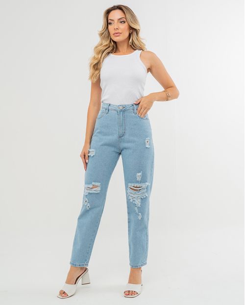 Calça Jeans Feminina Mom com Rasgos Na Perna  22496 Clara